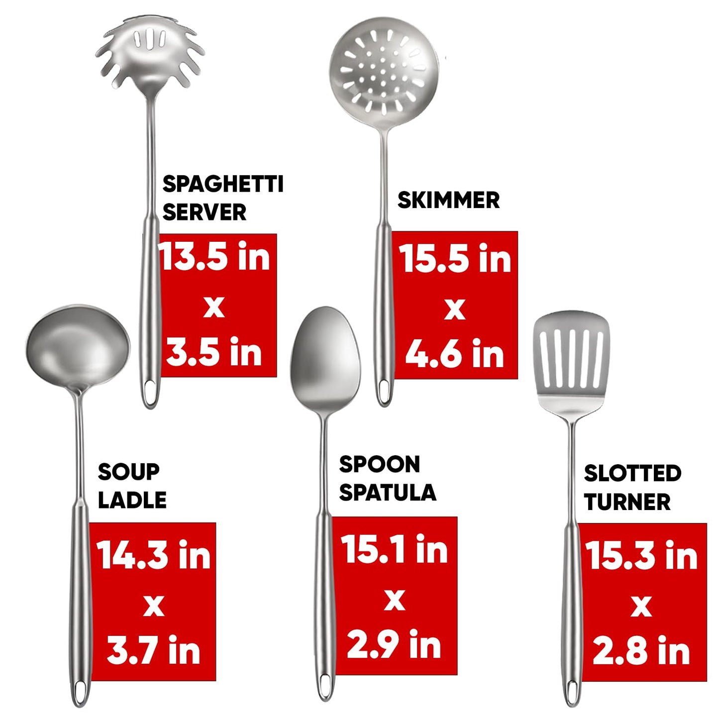 5 Pcs Newness Cooking Utensils Set, 304 Stainless Steel Kitchen Utensils Set, Metal Kitchen Accessories, Include Soup Ladle, Slotted Skimmer Spoon, Spaghetti Spoon and Spatula, Dishwasher Safe