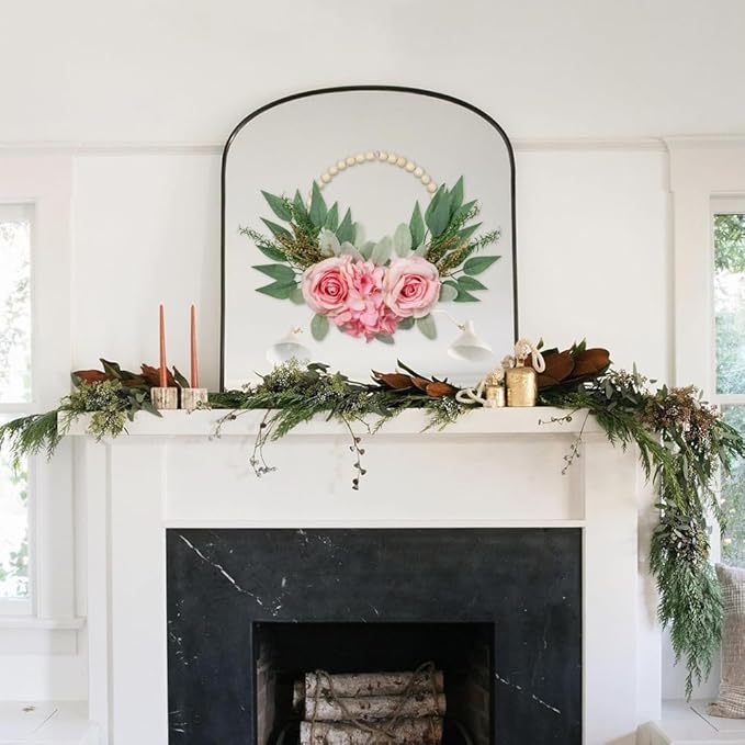 Spring Wreaths for Front Door 10" Artificial Floral Wood Bead Wreaths Eucalyptus Leaves Rose Hydrangea Wreaths for Front Door Boho Farmhouse Wall Decor 2 Pack - Pink