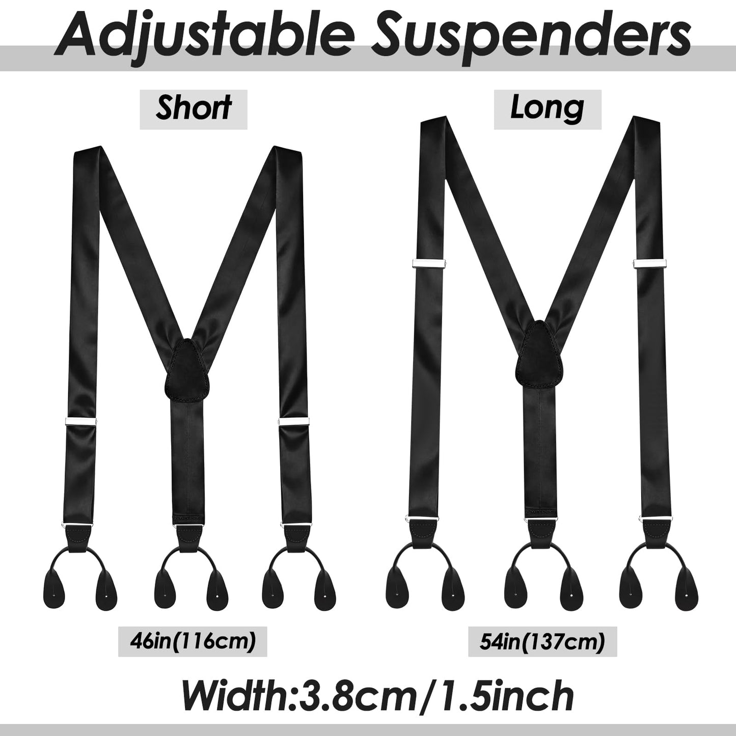 Yearntown Silk Suspenders for Men Black Tuxedo Formal Y Back Suspenders Men 54inch Formal Button End Braces for Tuxedo Pants(Trendy)