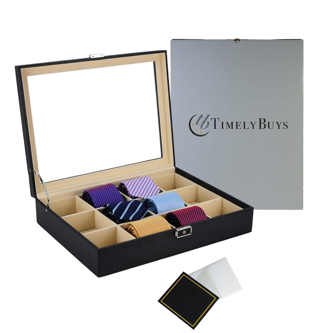 TIMELYBUYS Tie Display Case for 12 Ties, Belts, and Men's Accessories Black Carbon Fiber Storage Box Father's Day
