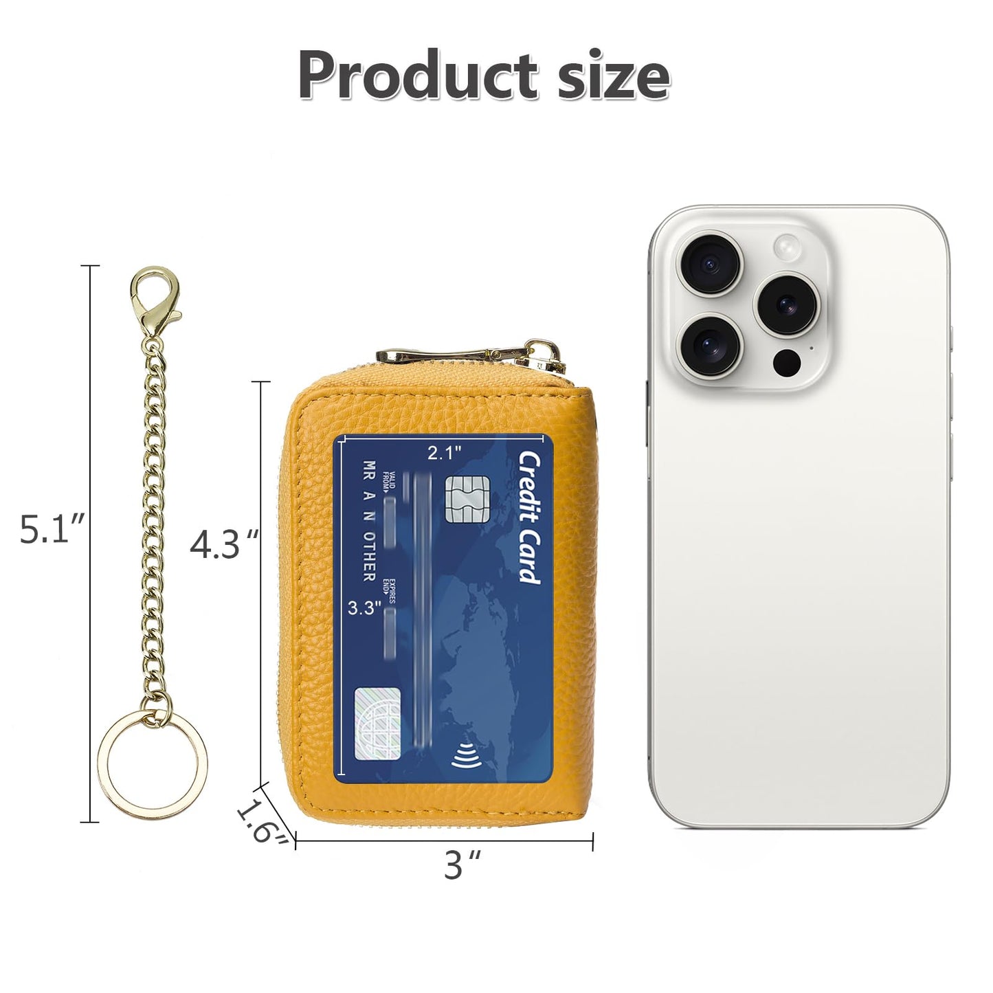 imeetu RFID Credit Card Wallet, Genuine Leather Zipper Card Case Holder with Removable Keychain(Max - Yellow)