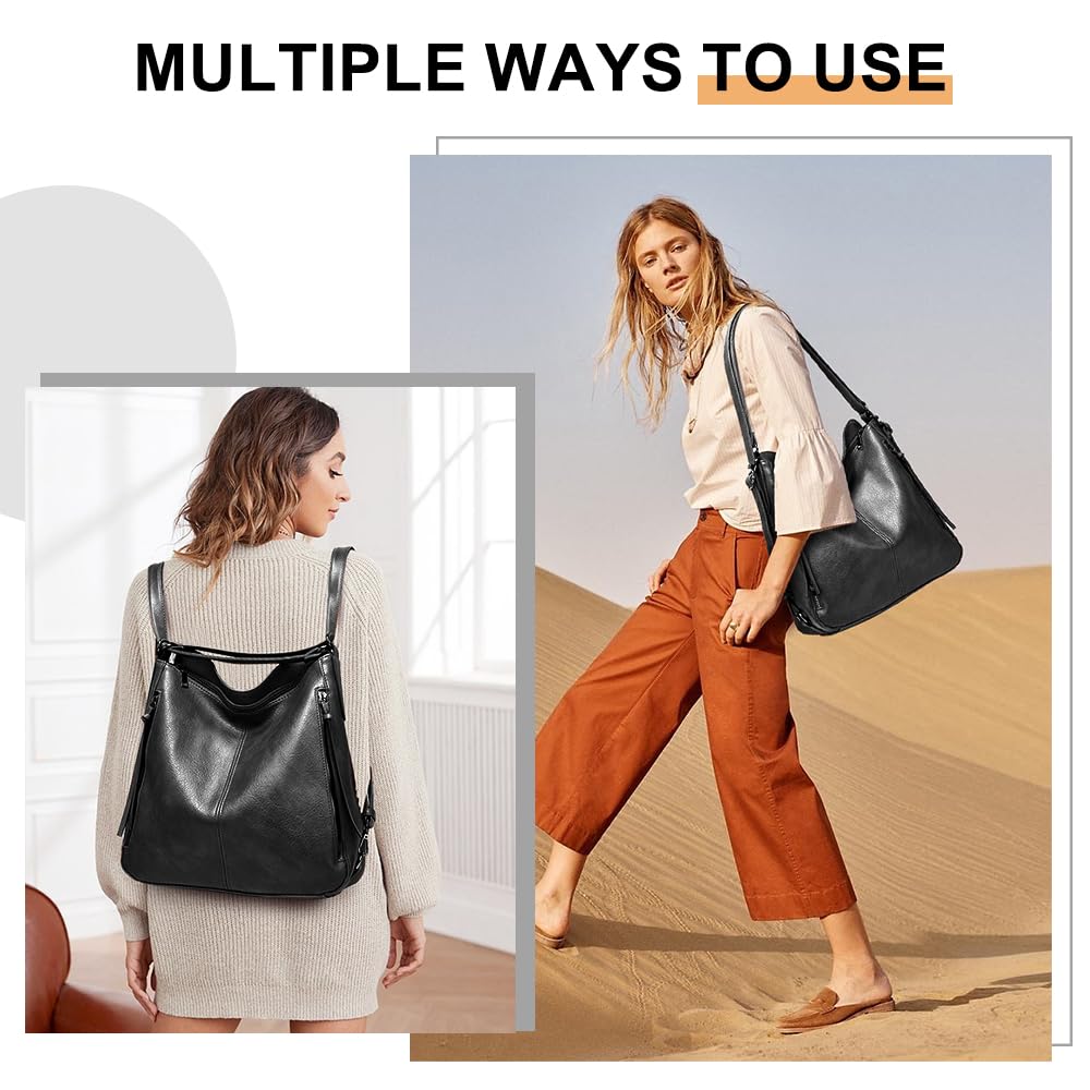 PU Leather Purses 3PCS, Hobo Crossbody Bags Set for Women, 3 in 1 Convertible Backpack for Ladies Shoulder Bags satchel Bags (Black)