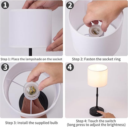 Rechargeable Cordless LED Table Lamp Fabric Shade Desk Lamp, 3-Level Dimmable Touch Control, 5200mAh, Patio Table Lamp, Bedside Night Lamp, Ambient Light for Restaurant.(Black)