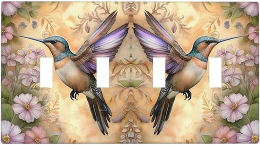 Decorative Art Light Switch Covers Blossom & Hummingbird Quad Toggle 4 Gang Wall Plate Switch plate Electrical Faceplate for Home Decor