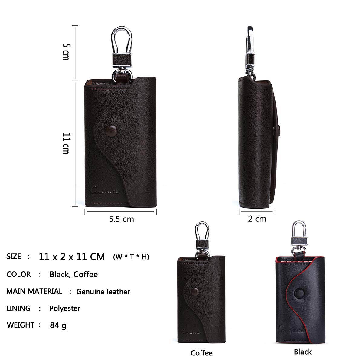 Leather Car Keychain Wallet Bag Case For Key Chains Holder, Mens Genuine Leather Car Key Case Card ID Holder Wallet Keyring Keychain