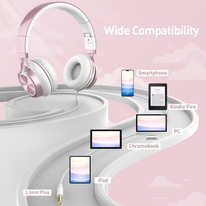 AILIHEN Wired Headphones with Mic, Girls Headphones for School, On-Ear Headsets for Chromebook Laptop Computer, Foldable Adjustable Teen Kids, Plug in Corded Headsets with 3.5mm Jack (Rose Gold)