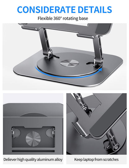 Adjustable Computer Stand with 360 Rotating Base, Ergonimic Foldable Laptop Riser for Desk Compatible with MacBook Pro/Air Notebook up to 16 Inches, Silver