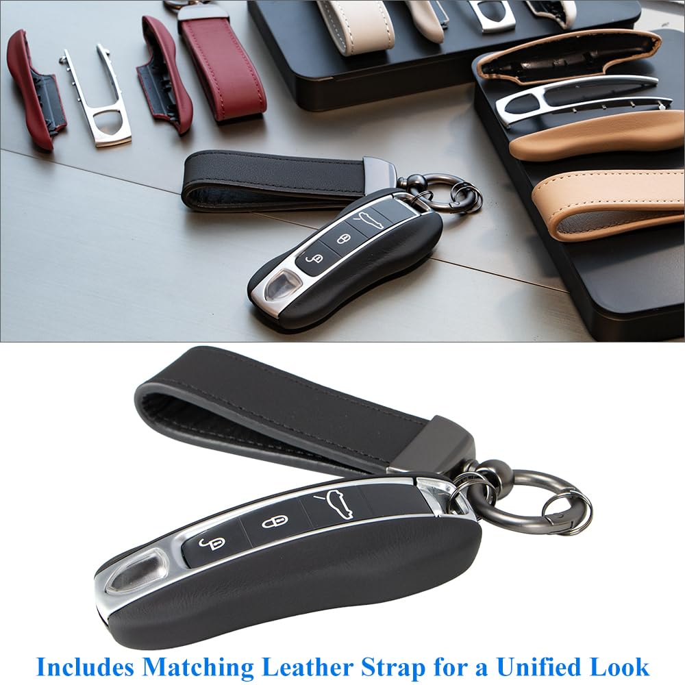 AeroBon 3-Piece Leather Key Fob Shell and Keychain Set Compatible with Porsche Key Fob Replacement (MK2, Black)