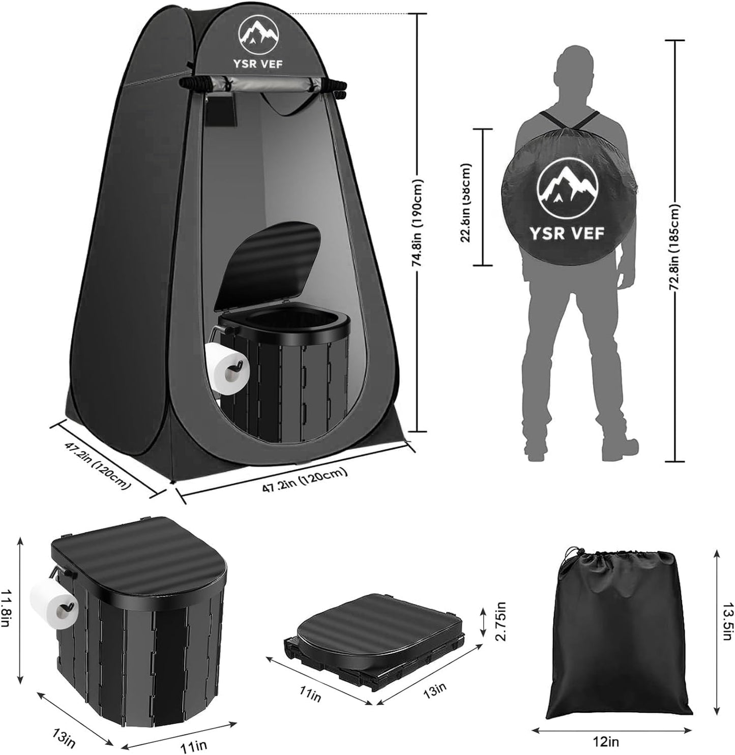 Portable Camping Toilet Kit with Pop-Up Privacy Tent, Washable Outdoor Shower and Changing Room, Includes Toilet Bags and Poo Gel