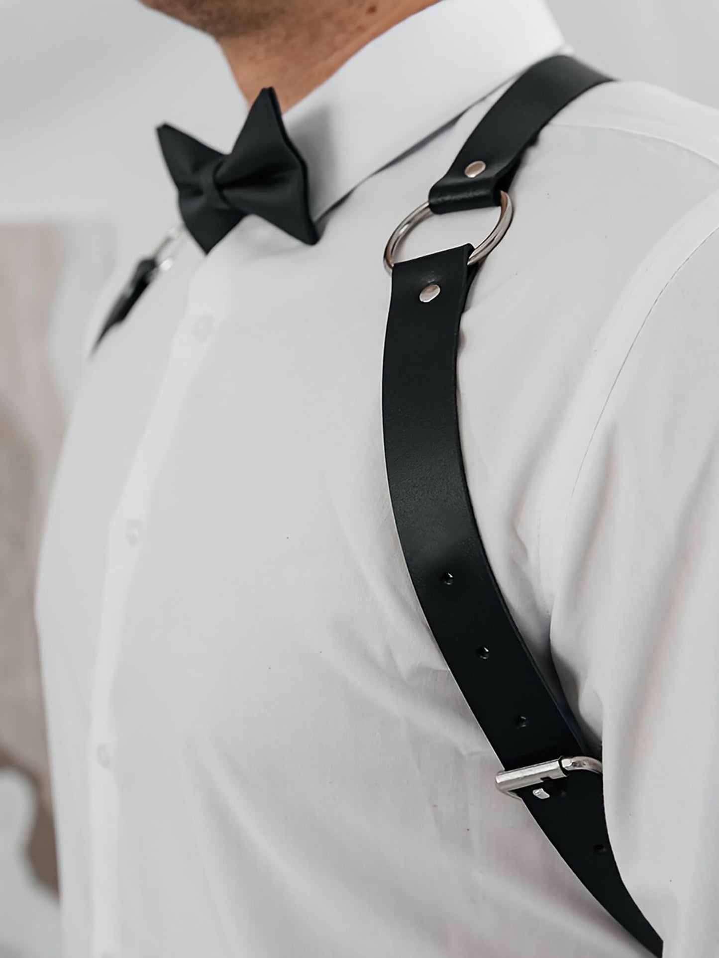 Men Faux Leather Chest Harness, Adjustable Shoulder Strap Harness with Alloy Rings, Gothic Punk Fashion Body Accessory for Festival, Rave, Stage Outfit