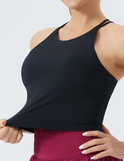 THE GYM PEOPLE Women's Cross Back Sports Bra Halter Neck Workout Crop Tank Tops with Removable Pads Black
