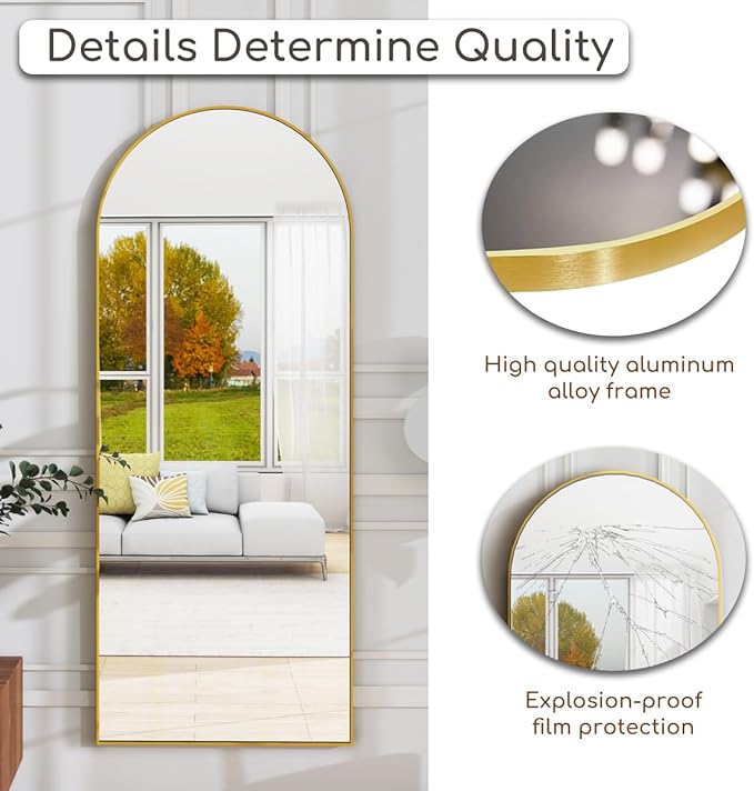 Arched Floor Mirror, 58 "x 18" Full Length Mirror Wall Mirrors Hanging or Leaning Arched-Top Full Body Mirrors with Stand for Bedroom, Dressing Room, Gold