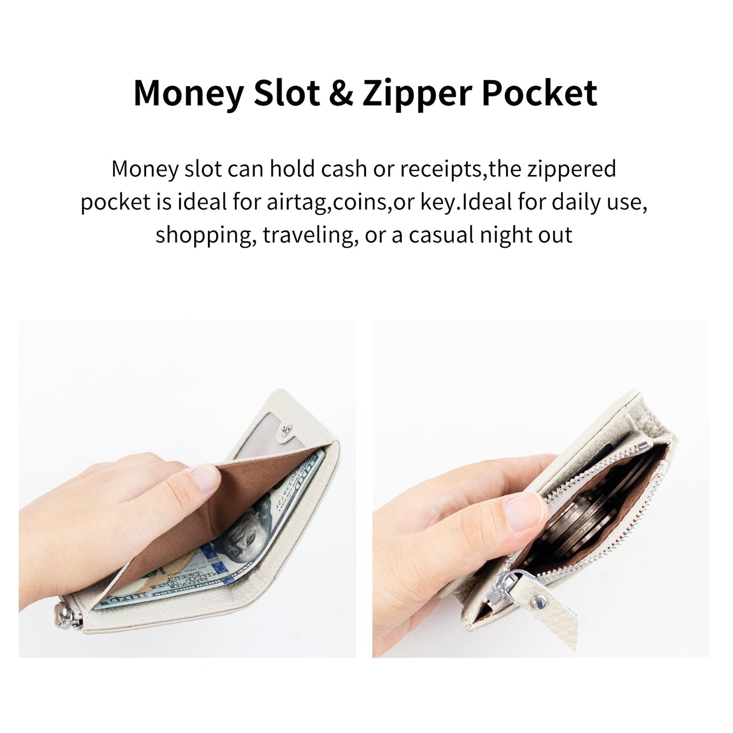 ilovever Small Wallet Women Soft Leather RFID Blocking Card Holder with Zipper Pocket,off-white