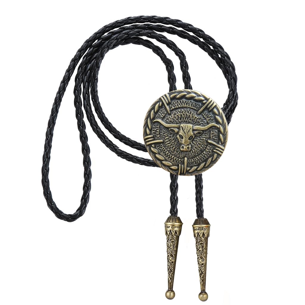 AZORA Western Cowboy Bolo Tie Men Leather Necktie Rope Cord Bull Disc Bola Tie Costume Accessory for Women