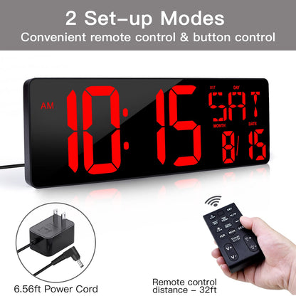XREXS Large Digital Wall Clock with Remote Control, 16.5 Inch LED Large Display Count Up & Down Timer, Adjustable Brightness Alarm Clock with Day/Date/Temperature for Home, Gym, Office and Classroom