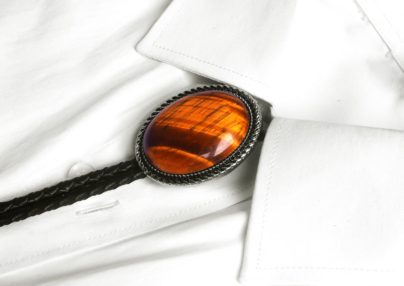 Moranse Bolo Tie with Natural Tiger Eye Stone Celtic Style Genuine and Cowhide Rope(Tiger Eyes 3 Style)