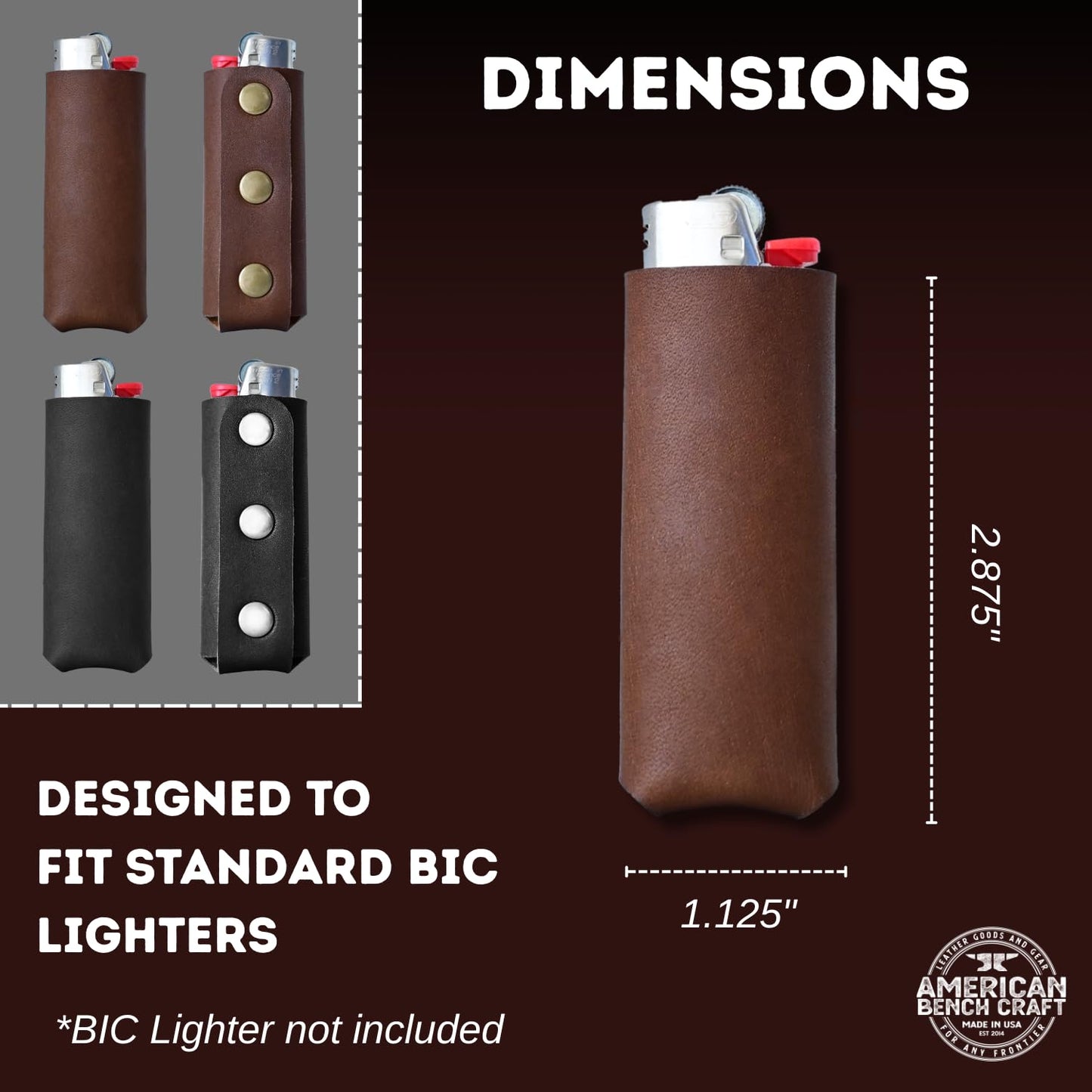 Leather Lighter Case Fits Standard BIC Lighter - BIC Sleeve - Full Grain Leather - Made in USA (Brown)