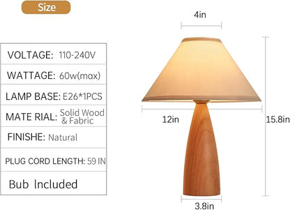 Bedside Table Lamp for Bedroom, Mid-Century Modern Plug in Fabric Shade & Solid Wood Base Desk Lamp, Plug & Play Natural Wood Nightstand Lamp for Living Room, Office, Switch Power Cord 【Bulb Included】