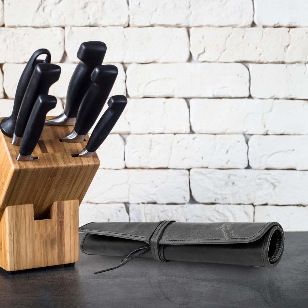 Autentico Genuine Buffalo Leather Small Knife Case Holder Chef's Knife Roll Holder Cutlery Sheath Carrying Case Organizer Storage Bag Travel Friendly Artist Gift for Men & Women Teak