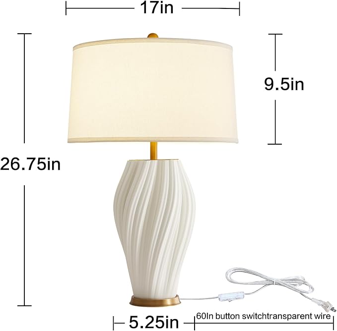 Plug in White Large Ceramic Table Lamps 26.75In, Modern Textured Table Lamp Decorative for Living Room Bedroom Nightstand Bedside Office Desk