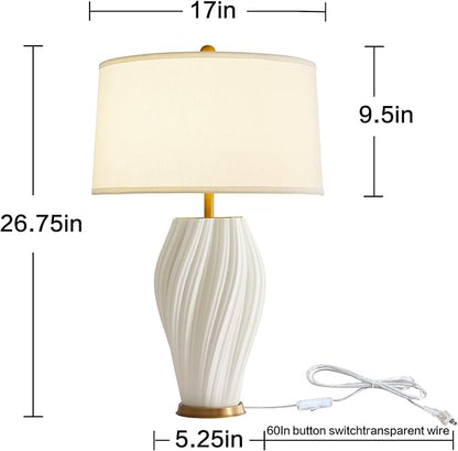 Plug in White Large Ceramic Table Lamps 26.75In, Modern Textured Table Lamp Decorative for Living Room Bedroom Nightstand Bedside Office Desk