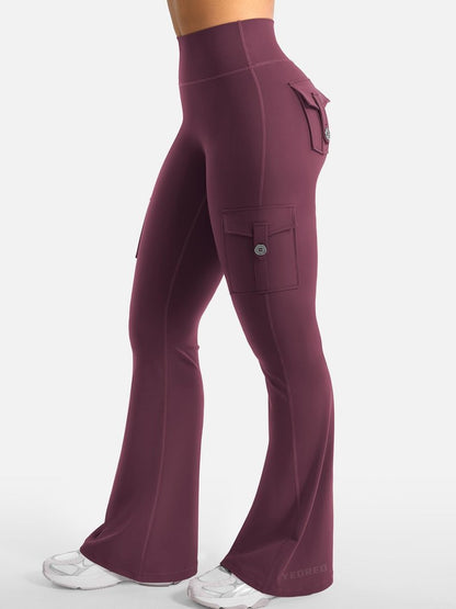 YEOREO CoreFlex Women Workout Flare Leggings with Pockets Hidden Scrunch Cargo Gym Yoga No Front Seam Leggings Black Cherry L