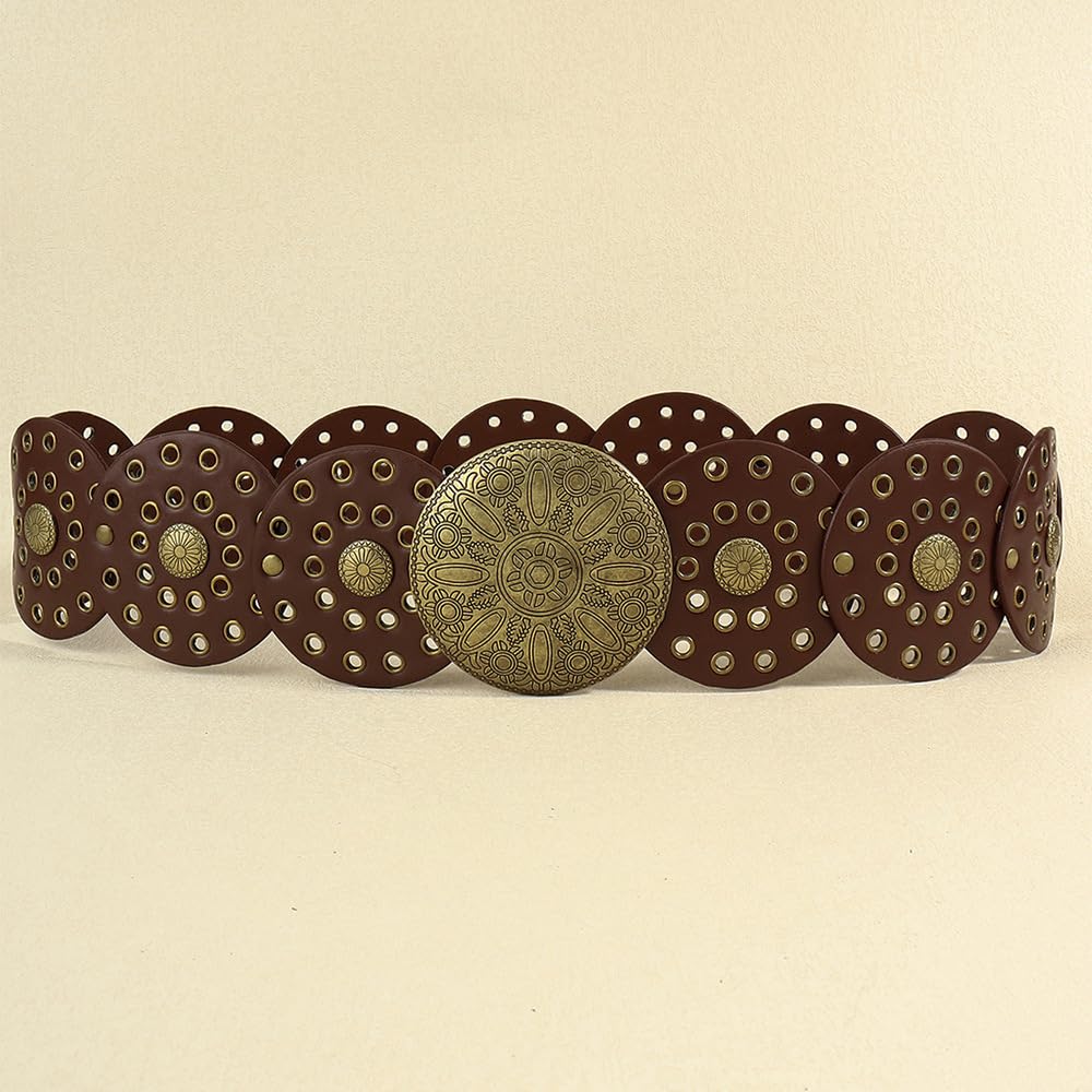 OVOY Womens Wide Western Cowboy Disc Belt Boho Disk Concho Country Waist Belts for Dress