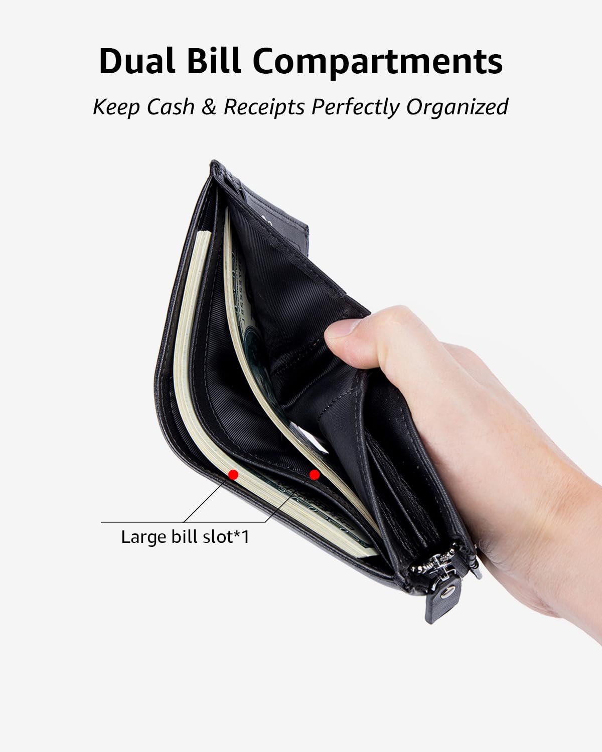 Karmiir Men’s RFID Vertical Bifold Leather Wallet with Zipper Coin Pocket, Multiple Card Slots, ID Window & Double Bill Compartments, Business Wallet for Daily Use (Black/Black)