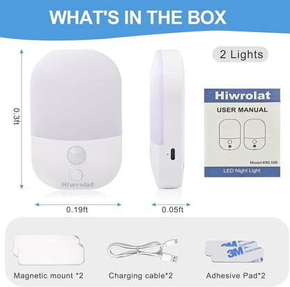 Night Light with Auto Motion Sensor, Rechargeable Battery, Type-C LED Stick-On Closet Light with Twilight Sensor, Adjustable Brightness, Warm White for Wall, Hallway, Stairs, Cabinet (2 Pack)