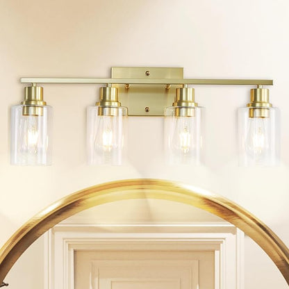 4-Lights Gold Bathroom Vanity Light Fixtures,Brushed Gold Wall Sconces with Clear Glass Shades, Farmhouse Modern Wall Lighting for Mirror,Living Room,Bedroom