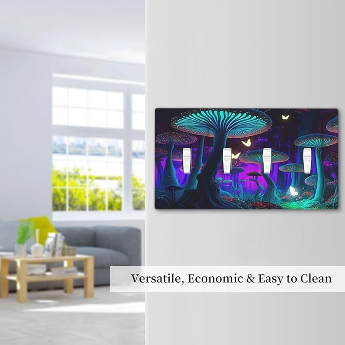 Fantasy Mushroom Forest Glowing Butterfly Quad Gang Toggle Light Switch Cover 4-Gang Wall Plates Decorative Electrical Switchplate for Home Bedroom Art Decorate