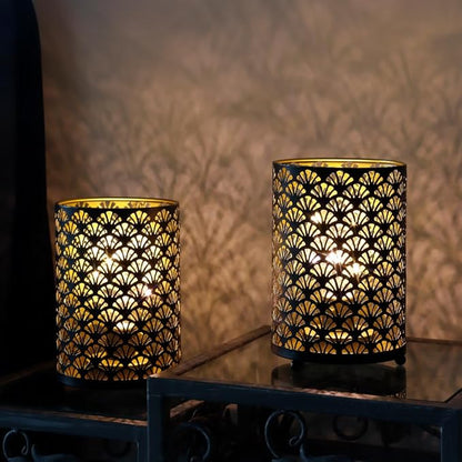 TRIROCKS Set of 2 Battery Operated Lamp 6.5'' Tall Metal Cordless Table Lamp Bronze Lanterns with Warm Fairy Lights Bulb for Patio Garden Wedding Parties Indoor Outdoor(Scalloped Hollow Pattern)