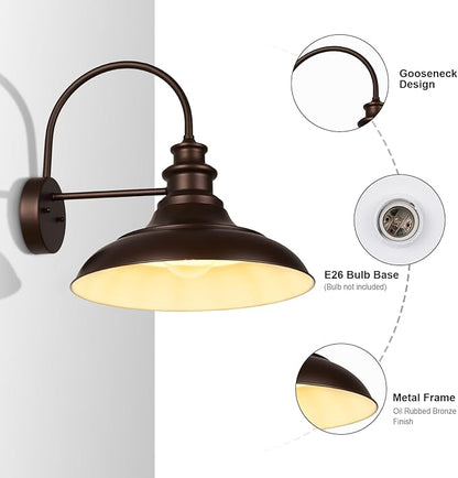 Outdoor Barn Light Fixtures, 16 Inch Large Dome Farmhouse Exterior Wall Mount Lights, Rustic Gooseneck Wall Sconces Indoor Wall Lighting, Industrial Bronze White Lanterns for Porch, 2 Pack