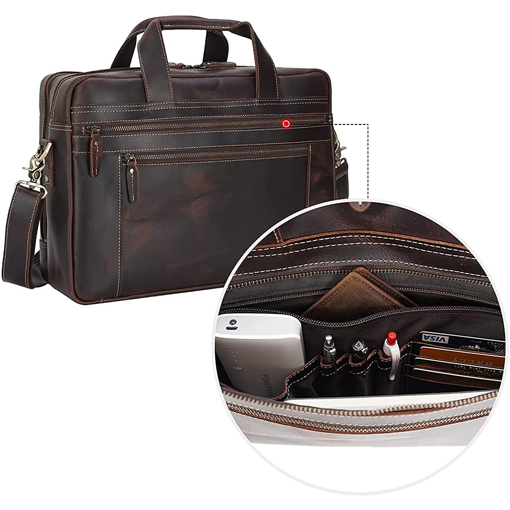 TIDING Vintage Genuine Leather Briefcase for Men 17.3 Inch Computer Bag Business Travel Messenger Bag Attache Case