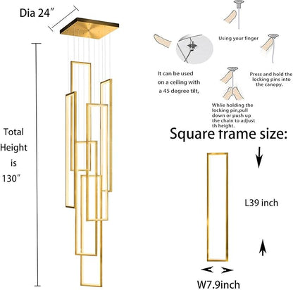 Flashing God Modern Chandelier,Gold Chandeliers with 6 Ring Led Foyer Chandeliers,Larger High Ceiling Chandelier for Living Room,Rectangle Chandelier for Entryway Staircase LED Dimming 2700k-6001k