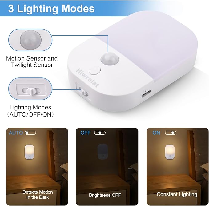 Night Light with Auto Motion Sensor, Rechargeable Battery, Type-C LED Stick-On Closet Light with Twilight Sensor, Adjustable Brightness, Warm White for Wall, Hallway, Stairs, Cabinet (2 Pack)