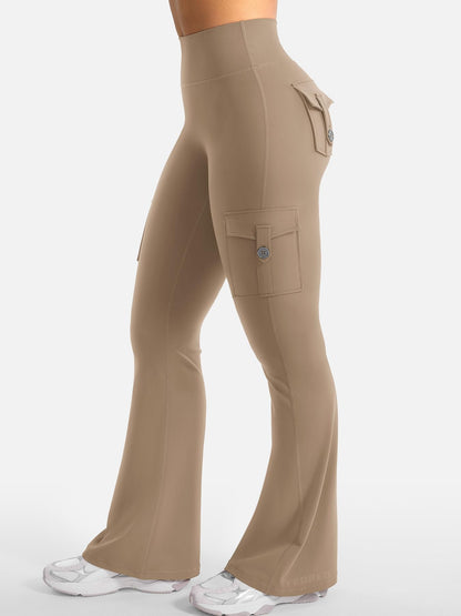 YEOREO CoreFlex Women Workout Flare Leggings with Pockets Hidden Scrunch High Waisted Cargo Gym Yoga Leggings Light Brown L