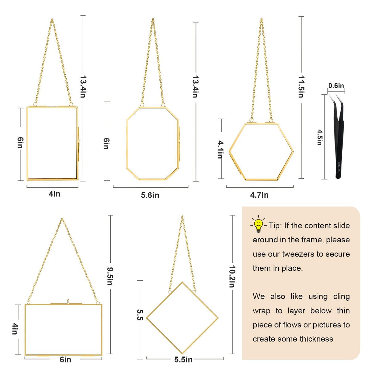 FOCHIER F 5 Pcs Pressed Flower Frames with Tweezers, Wall Hanging Tabletop Display Double Glass Frames with Metal Chain for Pressed Dried Flowers Plants, Horizontal and Vertical Picture Frame, Golden