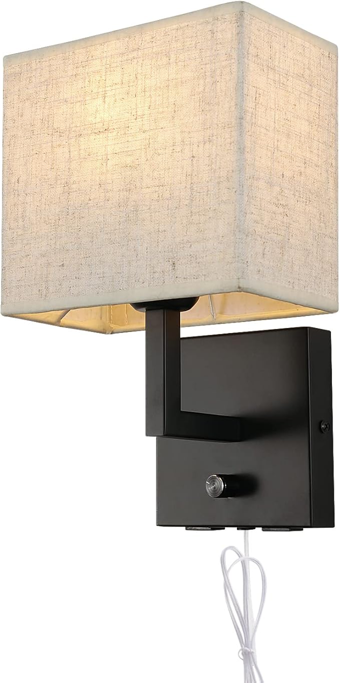 Bedside Wall Mount Light with Dimmer Switch and Two USB Charging Port, Fabric Linen Shade Wall Sconces Light with Plug in Cord, Black Wall Lamp Perfect for Bedroom, Living Room and Hotel