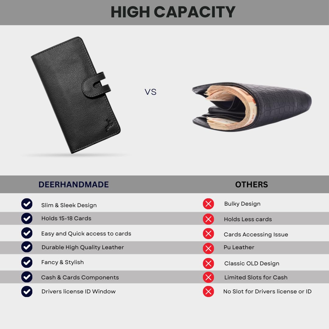 DEERHANDMADE womens wallet (Holds 15-18 Cards, 4 Flat Pockets, 1 ID Windows) Genuine Leather clutch purses for women | Slim long wallets for women | rfid blocking wallet (black wallet)