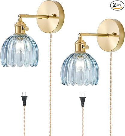 Plug in Wall Sconces Set of 2, Vintage Wall Sconce Light with Tulip Denim Blue Glass Lampshade, 180° Adjustable Wall Sconce with Switch and Plug in wall lamp Cord, Gold Wall Light Wall Decor Set of 2