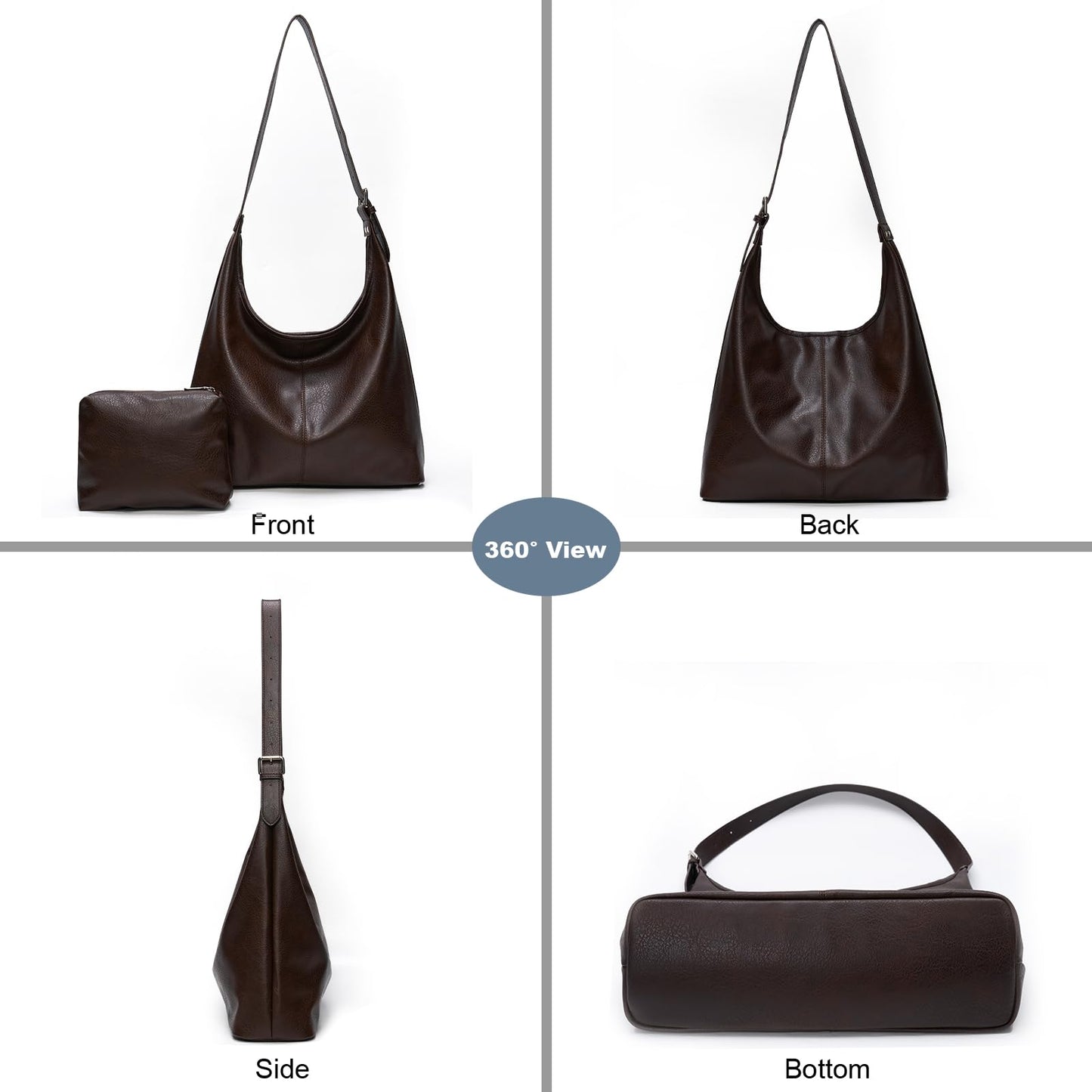 Hobo Bag for Women, Soft Vegan Leather Slouchy Shoulder Tote Purse with Matching Pouch, Adjustable Strap & Magnetic Closure Brown