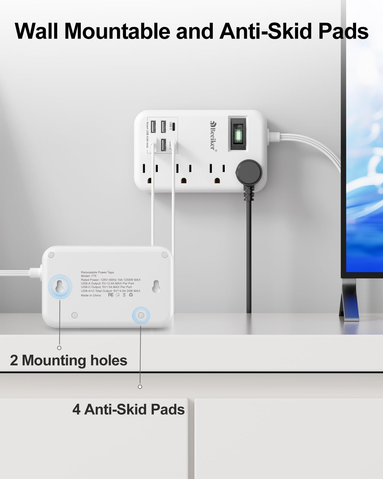 6 USB(2 USB C) Purple Travel Power Strip- 5Ft Lavender Extension Cord with 24W USB Charging Station and 4 Outlets, Purple Desk Accessories with Surge Protector for Cute Kawaii Office Dorm Room