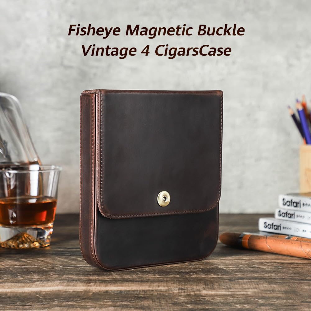 Hiram Vintage Leather Cigar Case for 4 Cigars Travel Cigar Holder with Fisheye Magnetic Buckle Includes Lighter & Cutter Slots Fits 60 Ring Gauge & 6.5 Inch Length Cigars Retro Portable Pouch