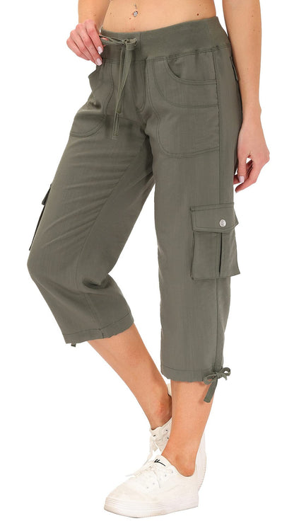 MoFiz Women's Cargo Capris Hiking Pants Lightweight Quick Dry Running Outdoor Casual Shorts Button Pockets UPF 50+ Army Green XL