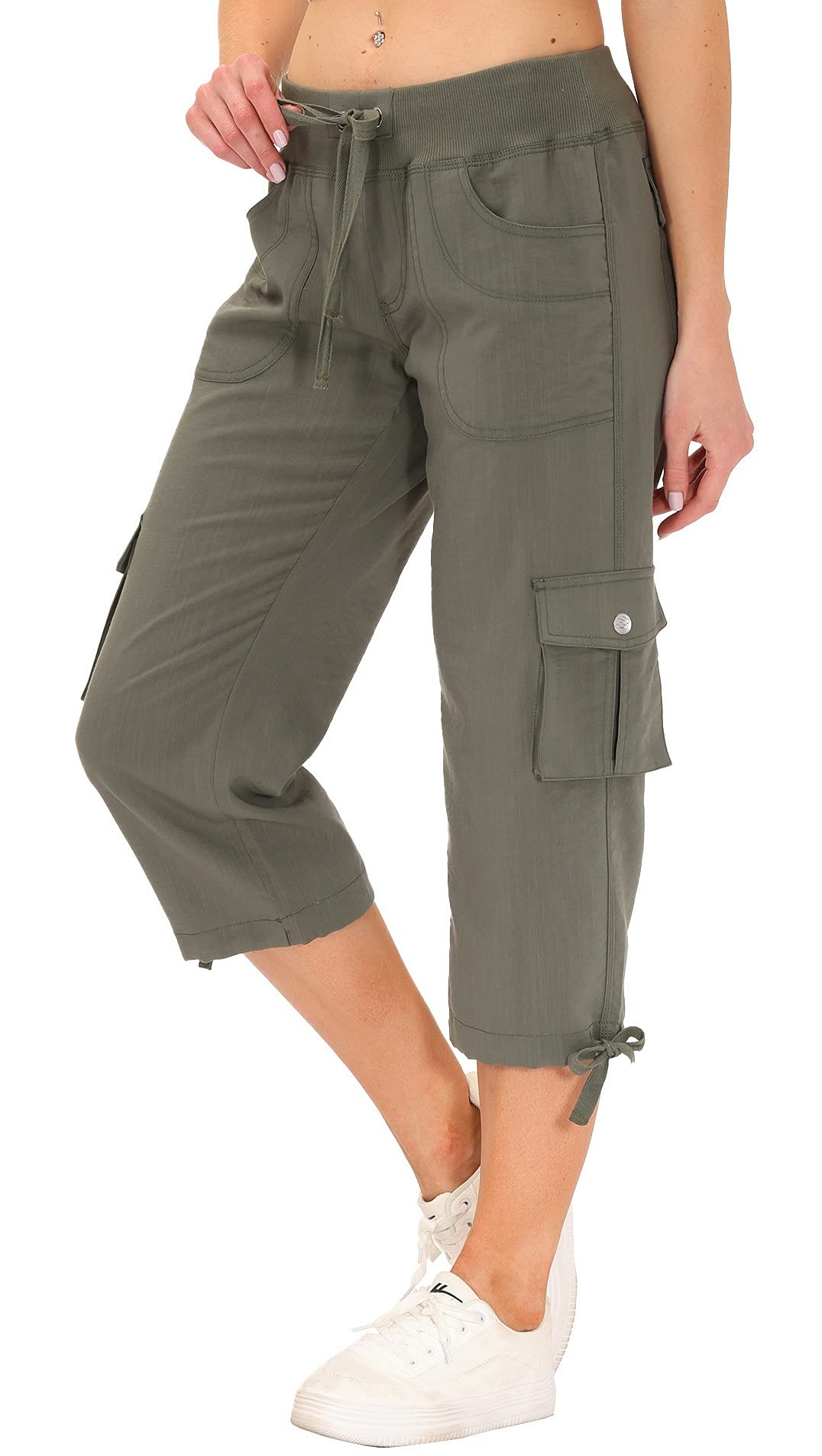 MoFiz Women's Cargo Capris Hiking Pants Lightweight Quick Dry Running Outdoor Casual Shorts Button Pockets UPF 50+ Army Green M