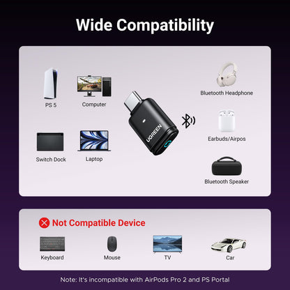 UGREEN USB-C Bluetooth Adapter for PS5, Bluetooth 5.3 Audio Adapter with APTX Low Latency & aptX-Adaptive, Wireless Audio Transmitter to Connect Wireless Headphones & Earbuds