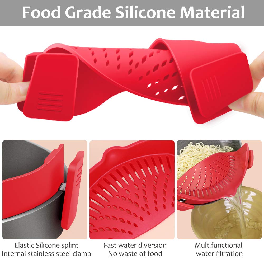 YEVIOR Clip on Strainer for All Pots Pan,Silicone Pasta Strainer Kitchen Gadgets,Collapsible Colander for Noodle,Vegetables,Fruit,Spaghetti (Grey)