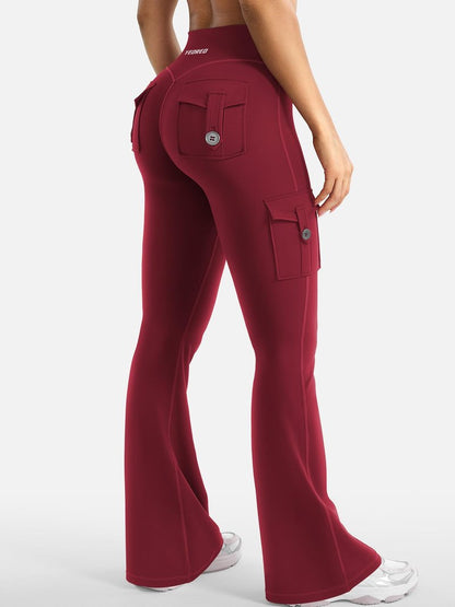 YEOREO CoreFlex Women Workout Flare Leggings with Pockets Hidden Scrunch Cargo Gym Yoga No Front Seam Leggings Wine XL