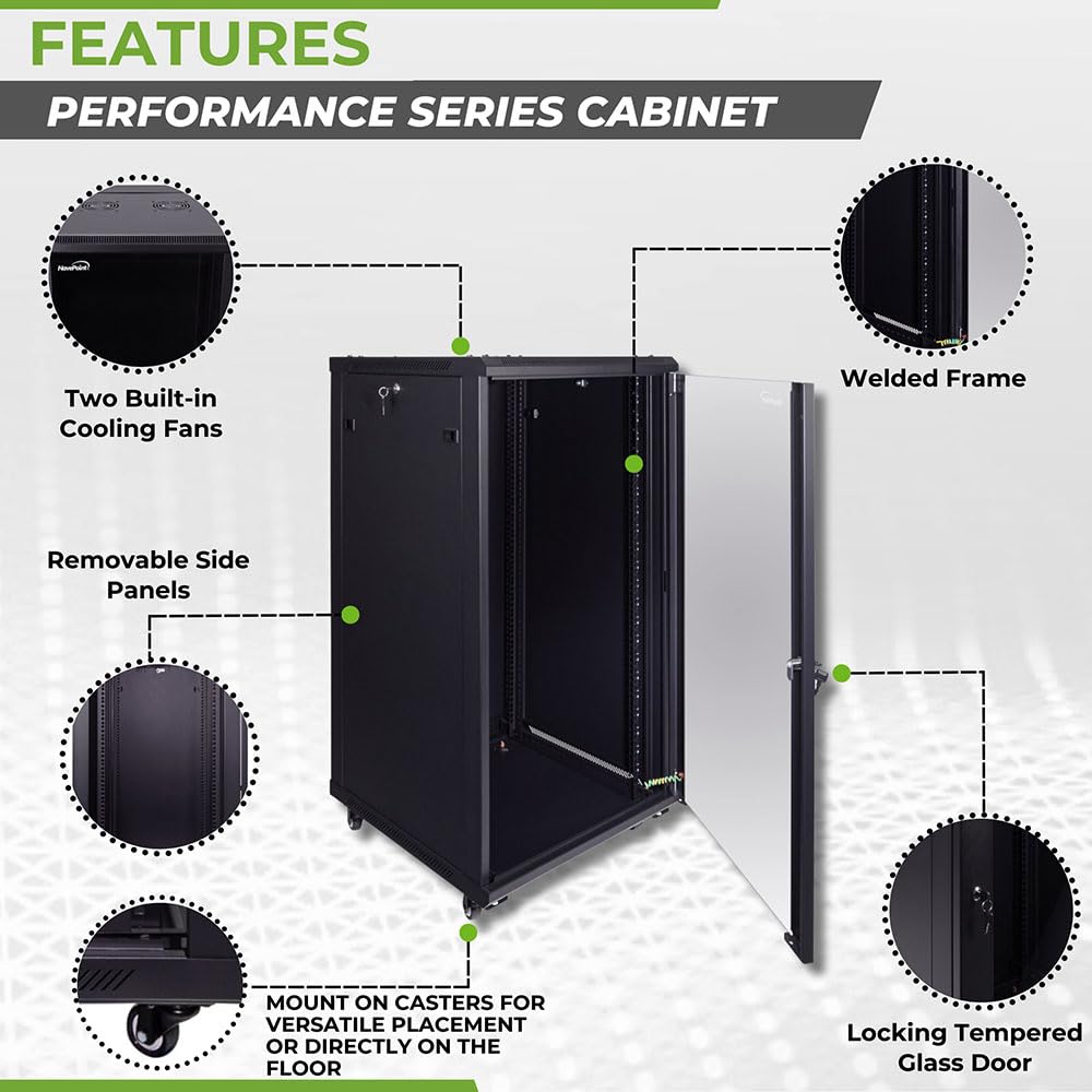 NavePoint 22U Server Cabinet Wall Mount Rack Enclosure with Caster Wheels, 2 Fans, Locking Glass Door, Removable Side Panels – 22U Network Cabinet 23.6” Deep, 19” Server Rack for A/V Equipment